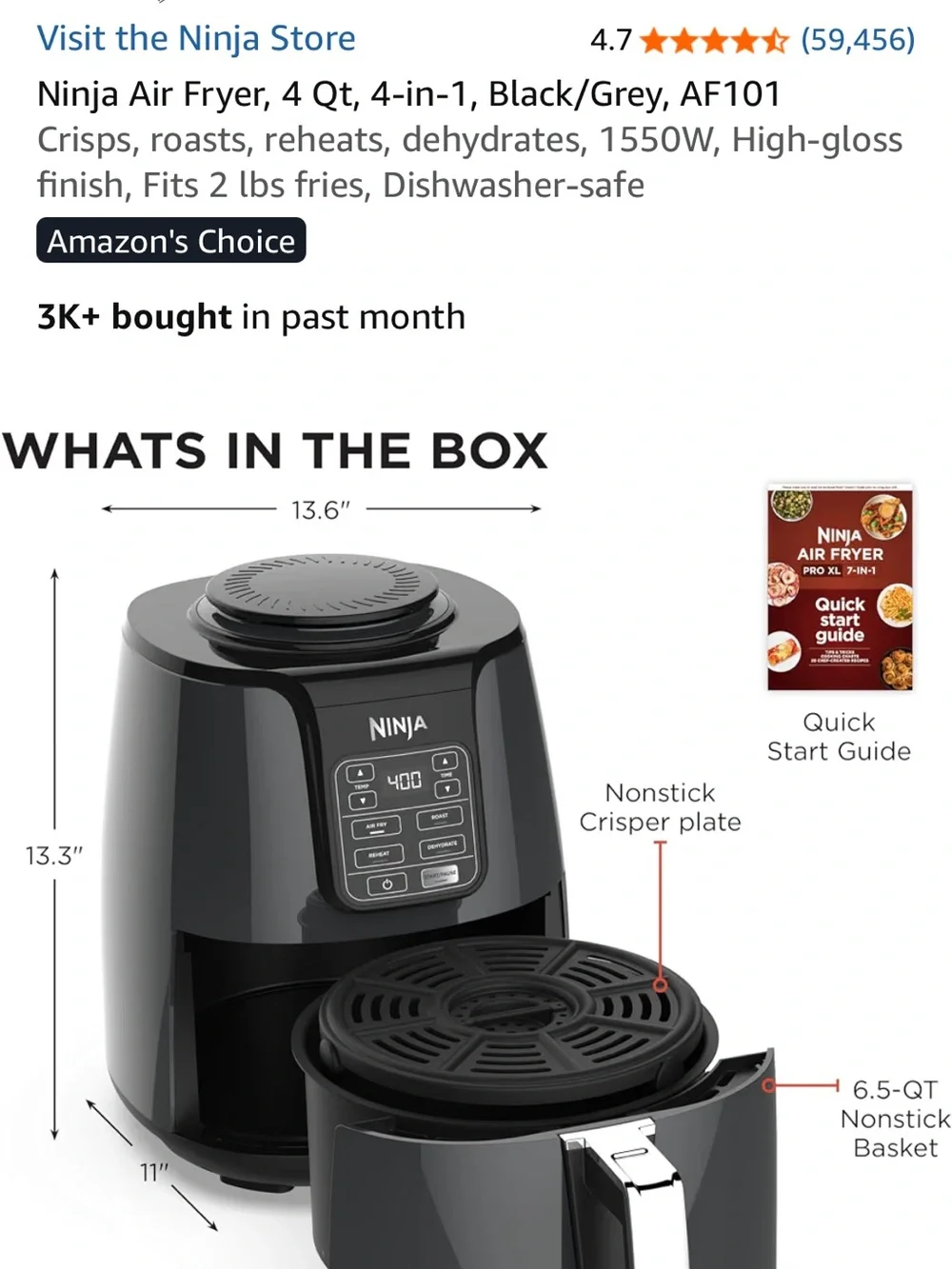 Ninja Black/Grey 4-Quart Air Fryer - Compact Multi-Function Cooker